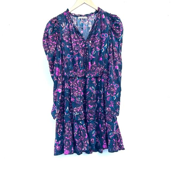 Ulla Johnson Prissa Long Sleeve Ruffle Puff Shoulder Mini Shirt Dress Midnight 4 - Picture 4 of 10